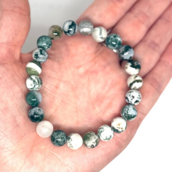 Green Tree Agate Gemstone Bracelet 8MM | Handmade Crystal Healing Jewelry - Picture 6 of 10